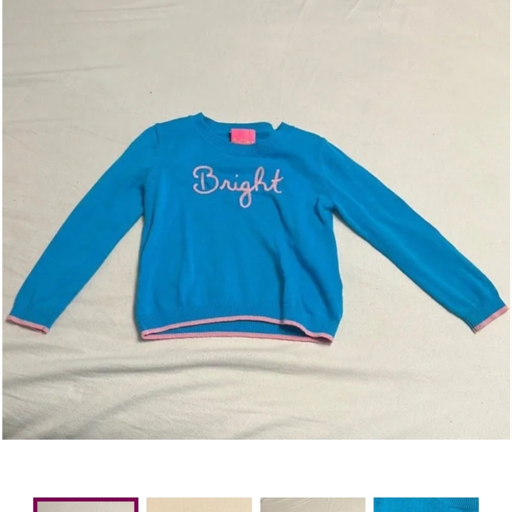 Girls Lilly Pulitzer sweater. Mini Carlton turquoise with chain stitch “Bright”
